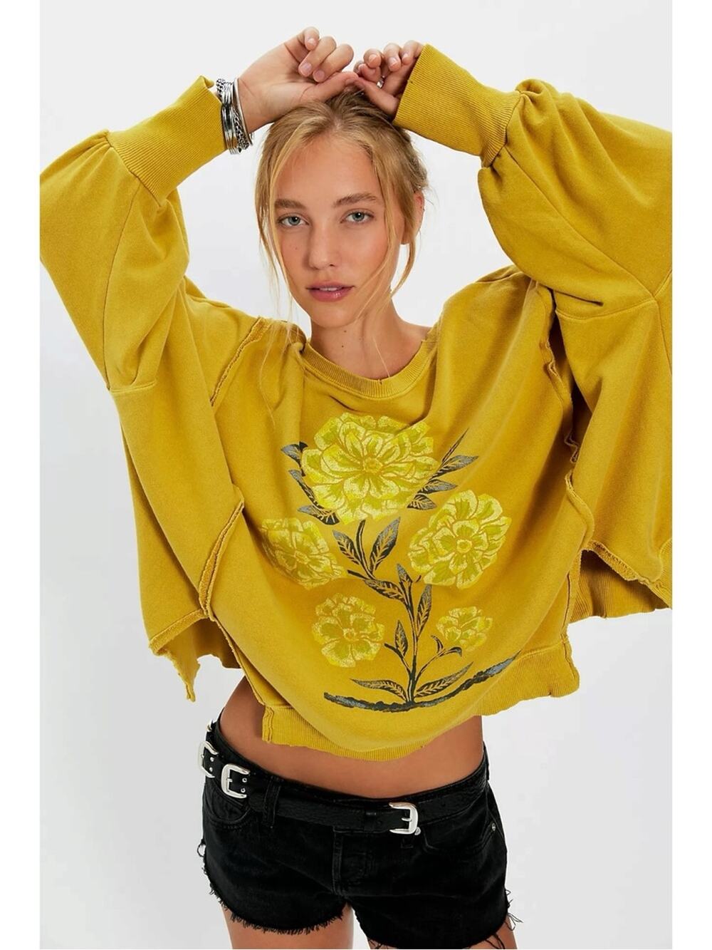 Free People Oversized Bohemian Graphic Camden Pullover Lemon Floral Medium NWT